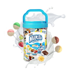 Milkita Real Milk Candy Lollipop Jar front, nostalgic treat for sharing.