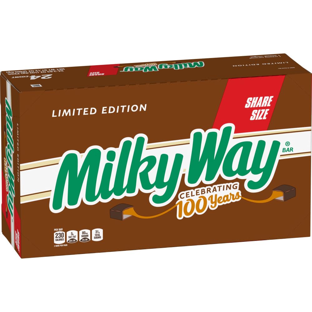 Milky Way share-size bars closeup, creamy caramel and nougat, ideal for sharing at parties.