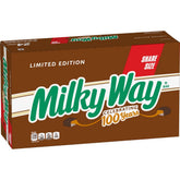 Milky Way share-size bars closeup, creamy caramel and nougat, ideal for sharing at parties.