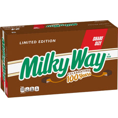 Milky Way share-size bars closeup, creamy caramel and nougat, ideal for sharing at parties.