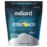 Milliard Citric Acid 5 lb bag on shelf showing resealable packaging for long-term storage