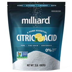 Milliard citric acid powder in a 2 lb bulk bag for culinary and cleaning tasks.