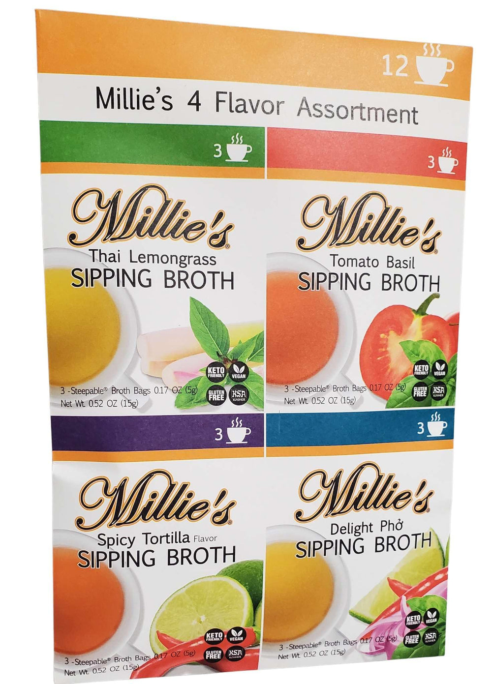 Millie's Sipping Broth steepable vegetable broth bag brewing in a cozy mug moment.