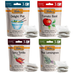 Convenient steepable packs from Millie's Sipping Broth for fasting-friendly sipping moments.