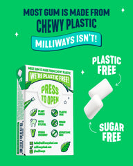 Milliways plastic-free packaging detail emphasizes eco-friendly gum.