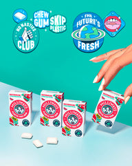 Eco-friendly, plastic-free gum base visuals highlight plant-based ingredients.