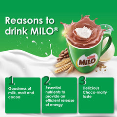 MILO 3-in-1 stick out of pack, ready to mix for a quick drink.