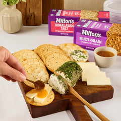 Milton's Himalayan Salt crackers served with tapas-style spreads for entertaining.