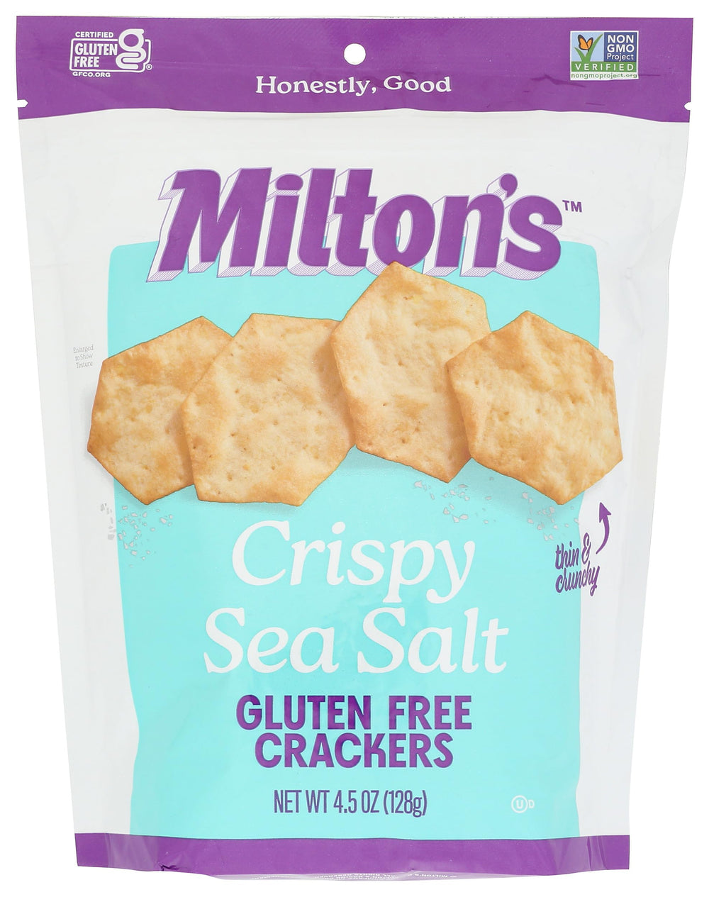 Milton's Gluten Free Crackers sea salt packshot showing a resealable bag for freshness.