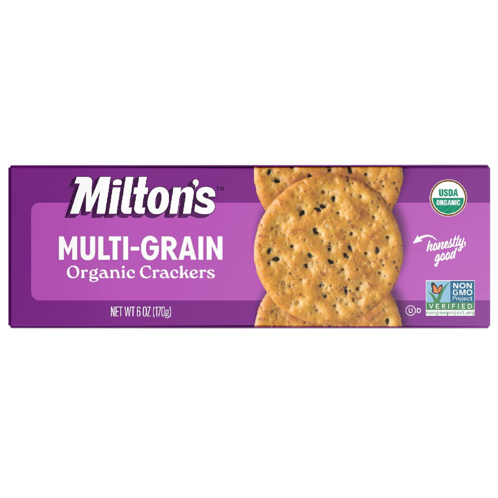 Milton's Organic Multi-Grain Crackers pack shot highlighting premium ingredients