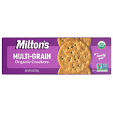 Milton's Organic Multi-Grain Crackers pack shot highlighting premium ingredients