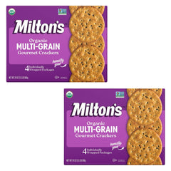 Milton's Organic Multi-Grain Crackers pack front, ideal for entertaining on a cheese board.