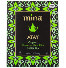 Mina Atay organic green tea sachets ready for quick infusion.
