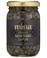 Mina Capers Non Pareil jar front shows premium capers ready to elevate Mediterranean dishes