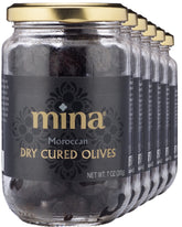 Mina dry cured black olives jar closeup highlighting premium curing for rich flavor