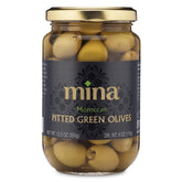 Mina Green Olives Pitted jar closeup for snack-ready olives.