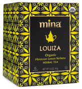 Mina Louiza tea box front, organic Moroccan lemon verbena for a fragrant start to your day.