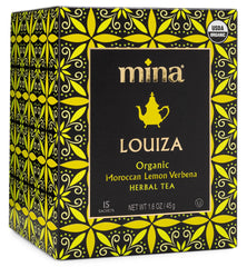 Mina Louiza tea box front, organic Moroccan lemon verbena for a fragrant start to your day.