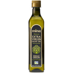 Mina Moroccan olive oil bottle front view, ideal for light drizzling and fresh dishes.