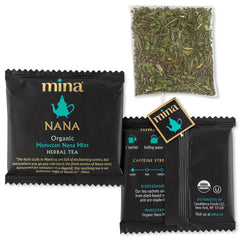 Mina Nana biodegradable sachets arranged; eco-conscious choice for daily tea.