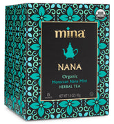 Mina Nana Moroccan Mint tea sachet close-up; eco-friendly biodegradable packaging.