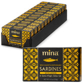 Mina Sardines lemon olive oil can on counter, premium protein.