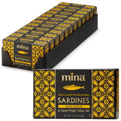 Mina Sardines lemon olive oil can on counter, premium protein.