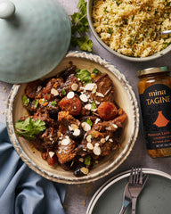 Mina Tagine Sauce back label highlighting gluten-free and vegan notes.