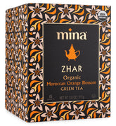 Mina Zhar orange blossom green tea box ready for a fragrant infusion