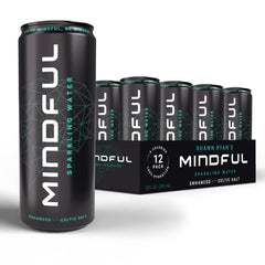 MINDFUL Sparkling Water can-front view highlights clean, sugar-free hydration with Celtic salt.