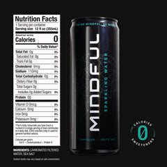 MINDFUL Sparkling Water can-side view shows a portable, travel-ready 12-pack.