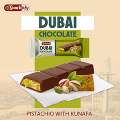 Mini Dubai pistachio chocolate cross-section reveals kunafa and chocolate layers.