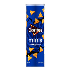Minis Doritos Cool Ranch canister is a portable snack for travel.