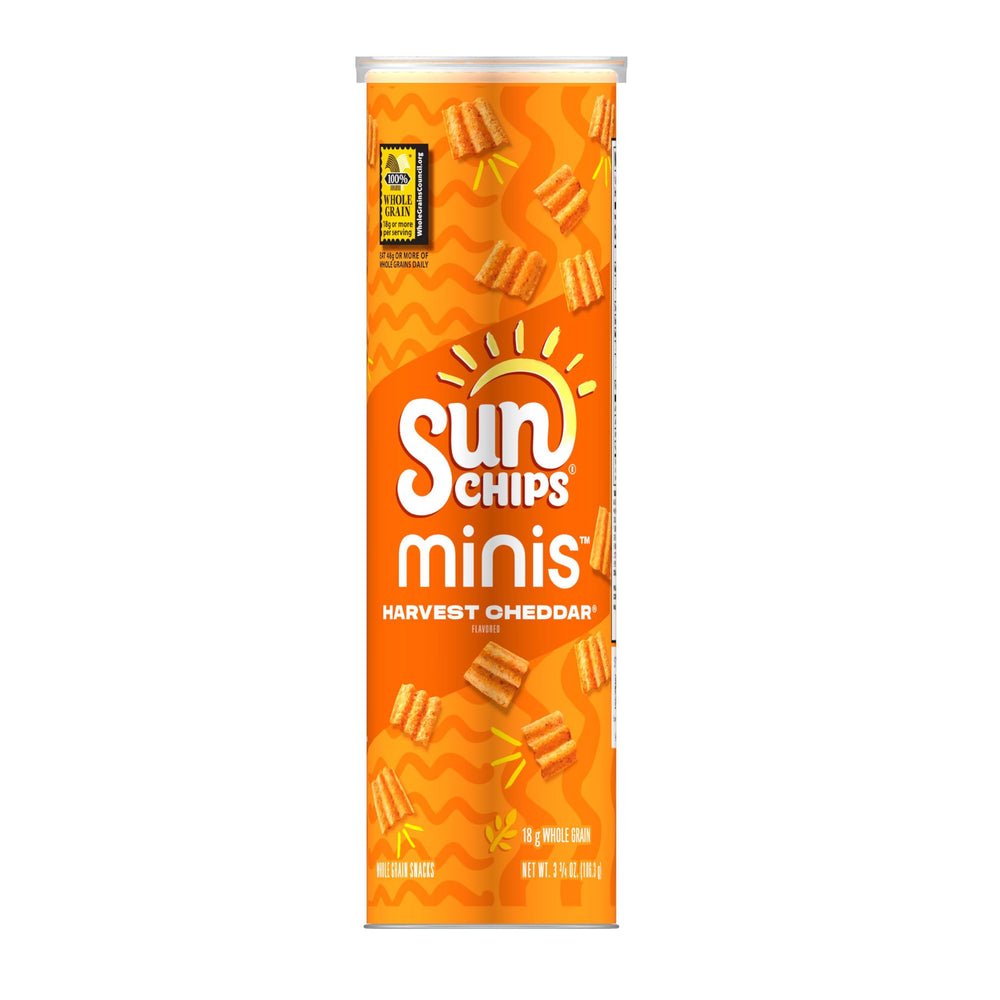 Minis SunChips Harvest Cheddar canister front for a portable whole grain snack