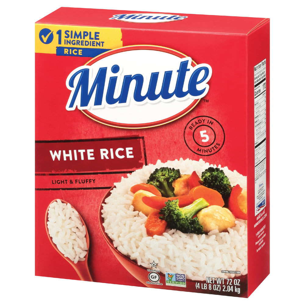 Minute White Rice box front highlights quick dinners and convenience.