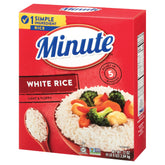 Minute White Rice box front highlights quick dinners and convenience.