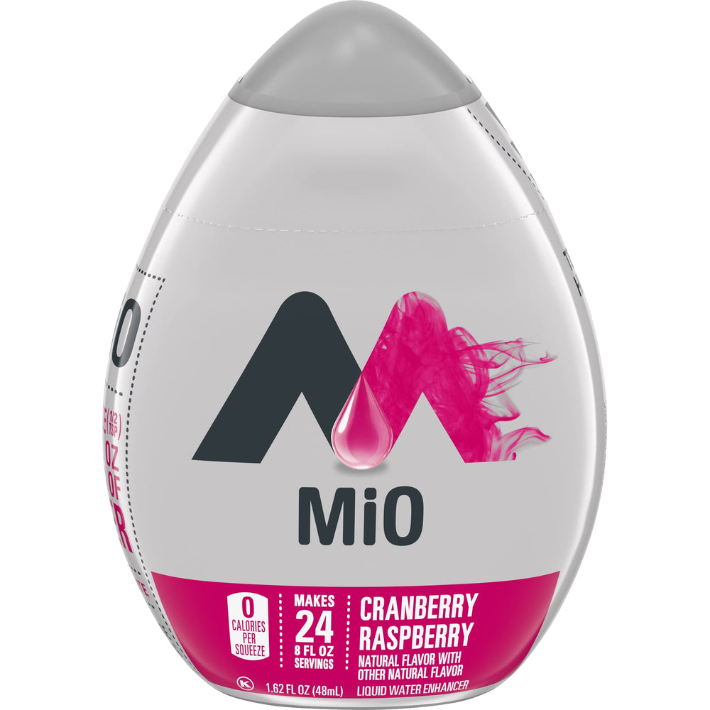 Mio Cranberry Raspberry bottle pouring flavor into water for on-the-go refreshment