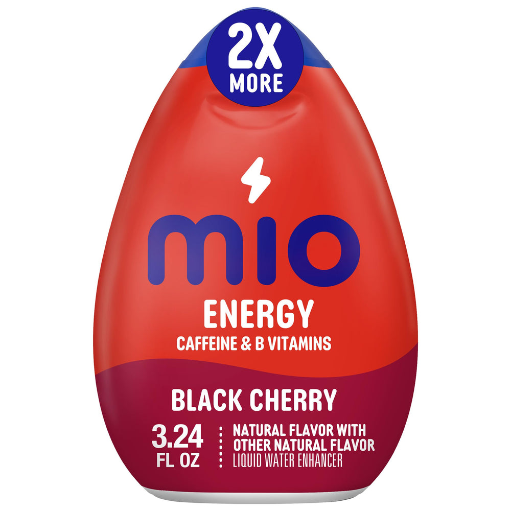 Mio Energy Black Cherry bottle close-up showing caffeine boost and hydration.