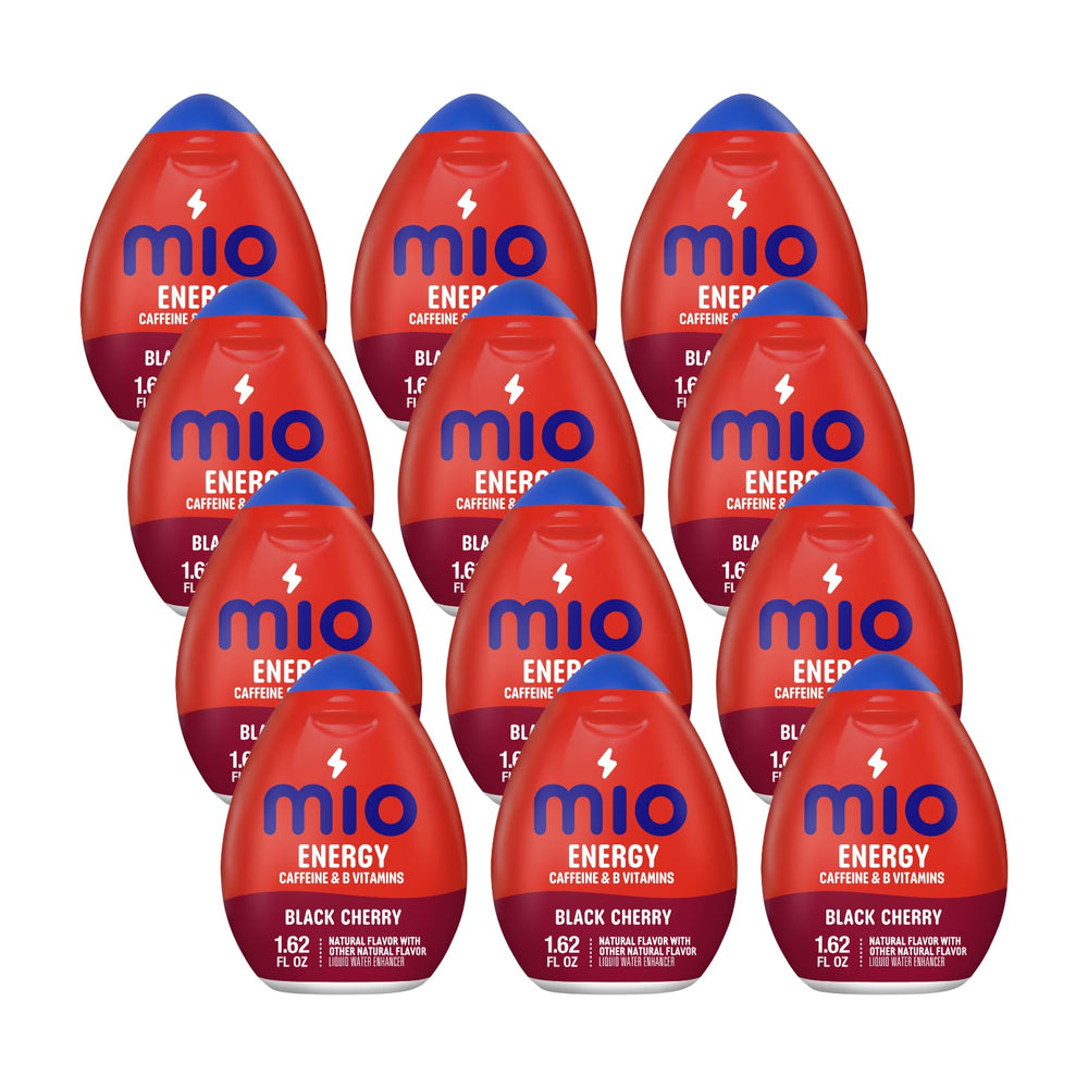 Mio Energy black cherry bottle with a drop for a quick caffeine lift.