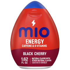Mio Energy Black Cherry bottle shown for on-the-go hydration and caffeine boost