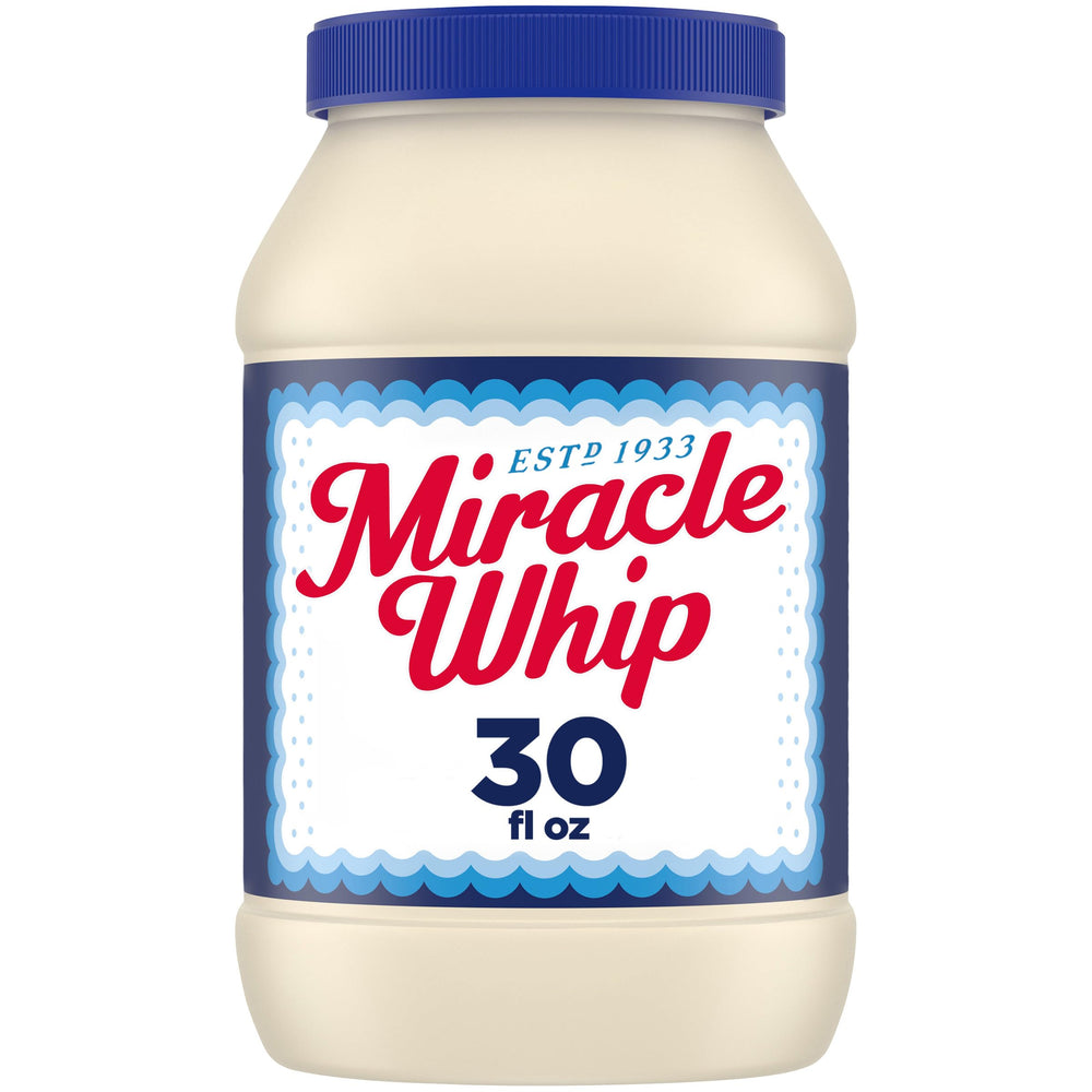 Miracel Whip bottle front shows tangy dressing for sandwiches.