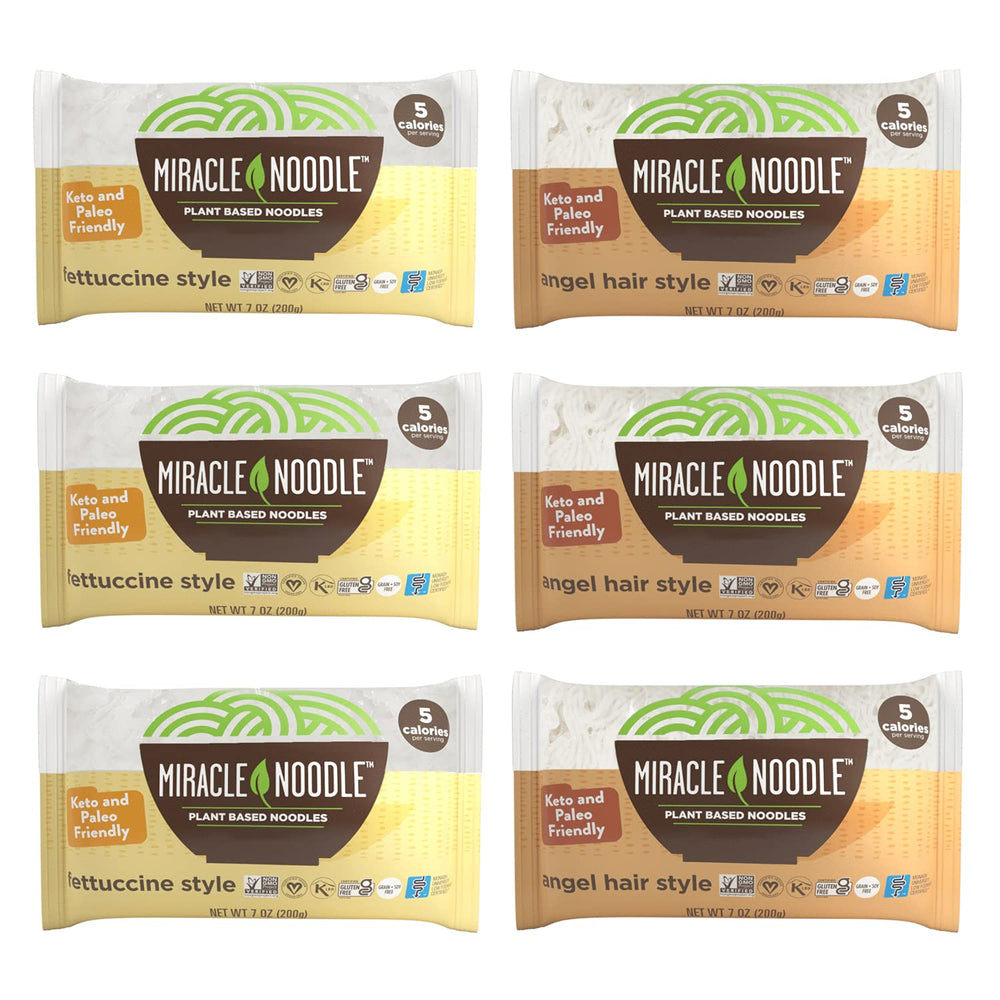 Miracle Noodle angel hair pasta bags show a light, low-calorie option for quick meals.
