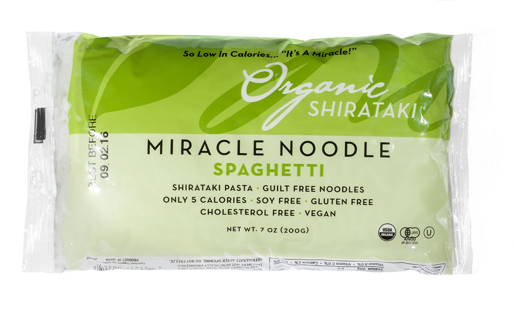 Miracle Noodle Organic Spaghetti packaging highlights keto-friendly, gluten-free pasta.