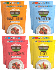 Miracle Noodle Organic Variety Pack featuring angel hair, spaghetti, fettuccine, and rice—gluten-free, low-carb base for meals.