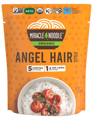Miracle Noodle angel hair pasta pack front view, ready to heat for quick, low-cal meals.