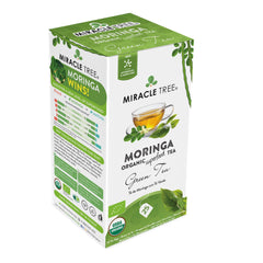 Steamy cup of Miracle Tree Moringa tea with mint and citrus notes.