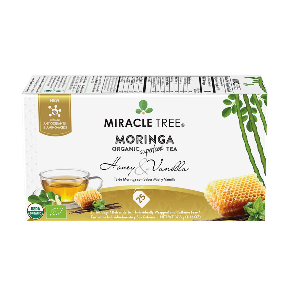 Miracle Tree Organic Moringa Tea Bags displayed for a caffeine-free ritual