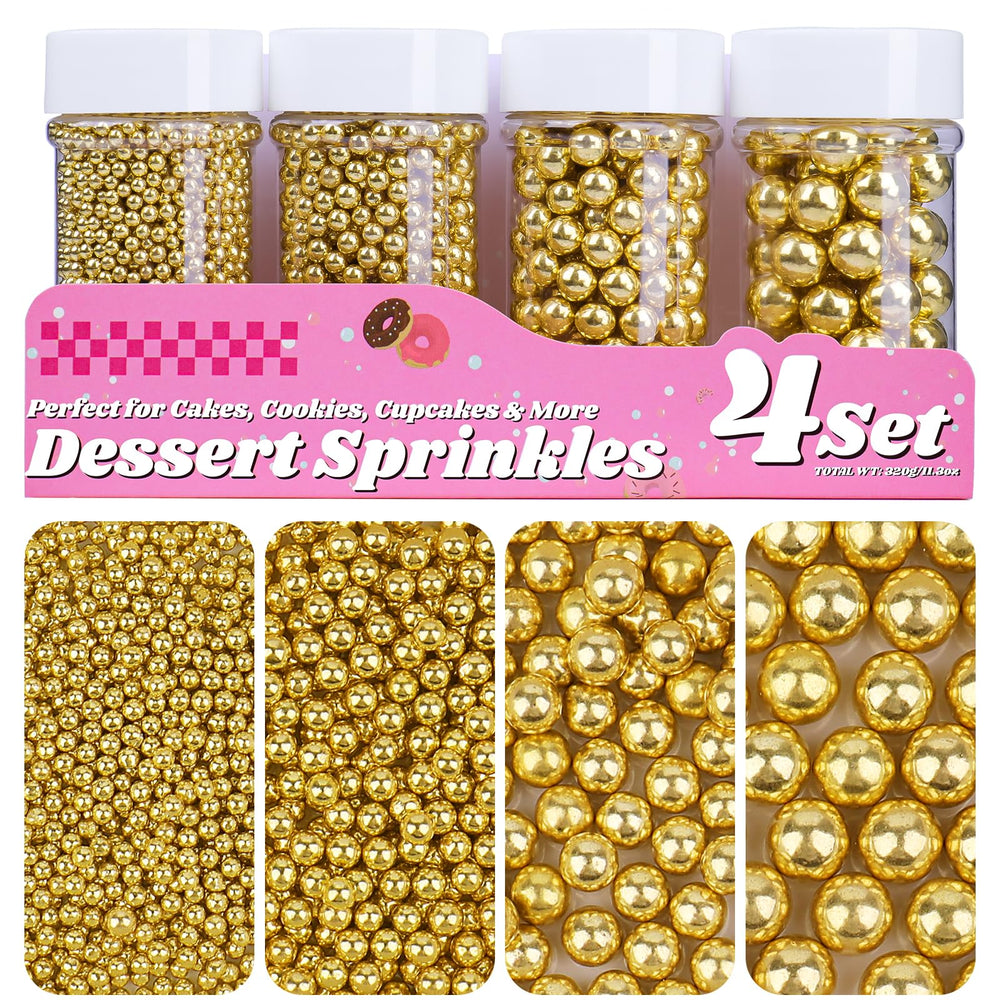 Miss Doozy Gold Pearl Sprinkles 2mm in jars for precise cake accents.