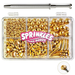 Miss Doozy gold sprinkles with 4-claw tool for precise cake decoration.