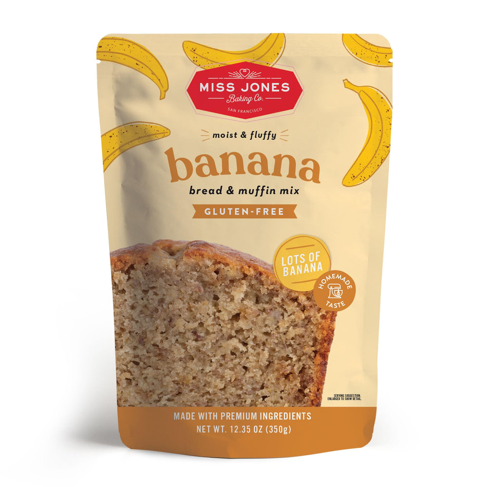Miss Jones Baking gluten-free banana bread mix pack ready for quick gluten-free baking